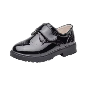 Kids Girls Black Patent Leather Brogue Slip On School Shoes Magic Tape Comfortable EVA Midsole High Quality Uniform OEM ODM