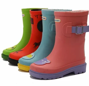 Kids Girls Black Pink Blue Mid Heel Animal Print Shiny Rubber Boots for Children
