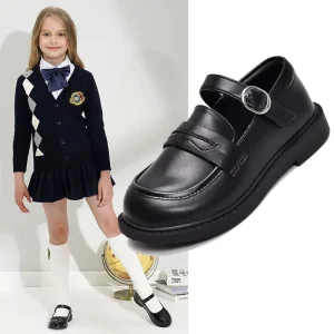 Kids Girls Black School Shoes Adjustable Hook and Loop Fastener Comfortable Uniform Mary Jane Shoes