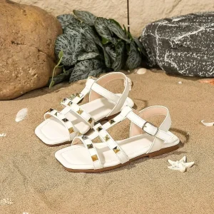 Kids Girls Fashion Multi color Rivet Strip Strap Buckle square Toe Flat Sandals