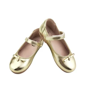 Kids Girls Gold Premium Leather Mary Jane Flat Dress Shoes