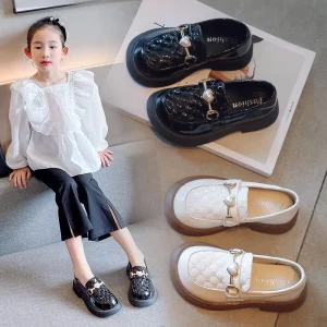Kids Girls’ Leather Shoes Autumn Little Boy Soft Sole Metal Buckle Children’s Non Slip Black Vintage Style Toddler Shoes