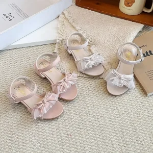 Kids Girls Low Heel Sandals Bowknot Pearl Decor Breathable Open Toe Shoes for Summer Party Daily Wear