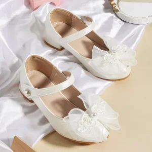 Kids Girls Mary Jane Shoes Soft Wear Resistant With Pearl Bow Low Heel for Wedding Party Formal Occasions