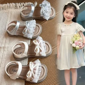 Kids Girls Sandals Lace Bow Decorated Open Toe Shoes for Daily Wear Beach Play
