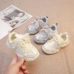 Kids Girls Sports Shoes with PU Leather and Lace Fashion Pearl Bow Tie Casual Shoes