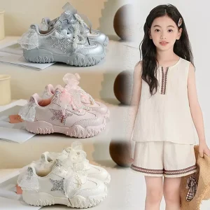 Kids Girls’ Sports Shoes with PU Leather and Lace Shoelaces for Autumn New Fashion Pearl Bow Tie Casual Shoes