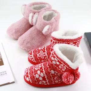Kids Girls Winter Snow Boots Indoor Warm Knitted Ankle Height Breathable Cushioning Slip On Lighted TPR Outsole Plush Lining
