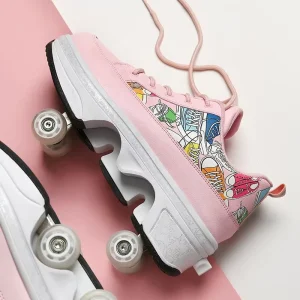 Kids Graffiti 2 in 1 Wheeled Shoes Walk and Glide Roller Sneakers for Beginners with PU Upper EVA Rubber Sole