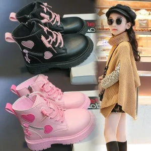 Kids Heart Print Shoes Sping Autumn and Winter New Girls Soft Sole Versatile High top Boots Little Princess Style Shoes