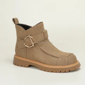 Kids Khaki Faux Suede Combat Ankle Boots Metal Ring Buckle Strap Side Zipper Round Toe Lug Sole Platform Kids Short Work Boots