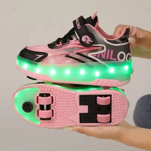 Kids LED Light-Up Retractable Wheels Roller Skate Shoes Children’s Kick Out Fitness Walking Unisex All Season