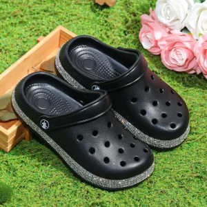 Kids Lightweight EVA Casual Clogs with Glitter Trim Anti Slip Black White Pink Garden Slippers for Daily Outdoor Summer Wear