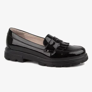 Kids Loafers Shoes Moccasin Style Black Leather Thick Soles