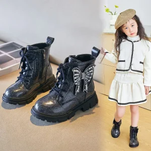 Kids Martin Boots Autumn Winter Princess Leather Boots Girls Butterfly Fashion Glitter PU Leather Ankle Boots
