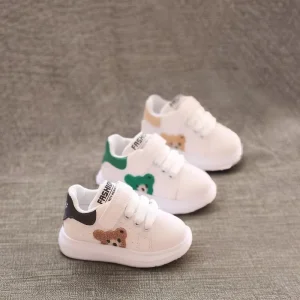 Kids Mixed Colors Leather Sneakers Bear Embroidery Velcro Non-Slip Platform Casual School Shoes Toddler Boys