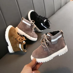 Kids Multicolor Ankle Boots Suede Upper Ribbed Knit Collar Lace Up Closure Non Slip Thick Sole Casual Boots OEM ODM