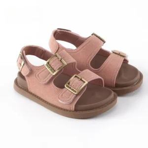 Kids Pink Suede Sandals Double Buckle Strap Open-Toe Beach Shoes for Girls