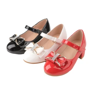 Kids’ Princess Party Shoes in Black White and Red with Diamond Bow Heels