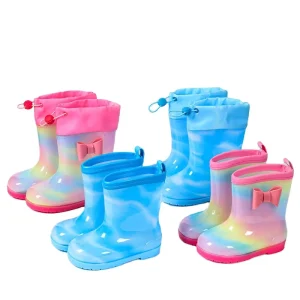 Kids Rainbow Rain Boot with Removable PU Collar Toddler Kids Waterproof Jelly Rain Boot Kids Warm Rain Boots with Fur Lining