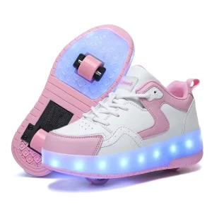 Kids Roller Shoes LED Light Double Wheels Outdoor Skating Fashion Microfiber Upper Rubber