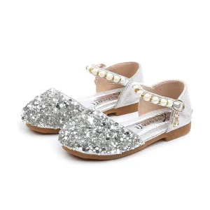Kids Sandals Princess Dance Wedding Shoes with Pearl Sequins and Rubber Insole