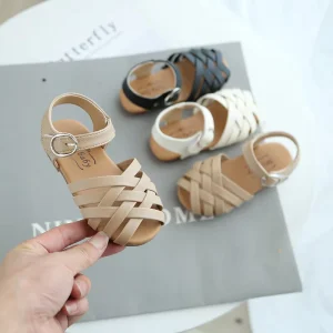 Kids Sandals Summer Soft Leather Sole Hook Loop Sandals Shoe Girls Summer Fashion Solid Color Soft Sole Toe Cap Hollow Sandals