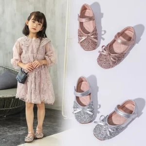 Kids Shoe Spring Autumn Elegant Girls Party Shoes Fashion Sequins Bowtie Children Princess Shoes for Wedding Shallow