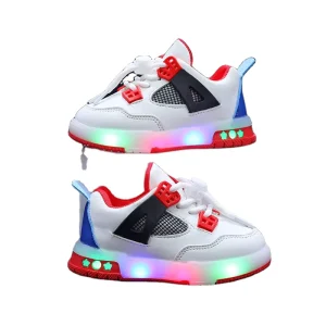 Kid’s Shoes Patent Leather LED Lights Children’s Shoes Boys and Girls Mesh Breathable Upper Casual Shoes