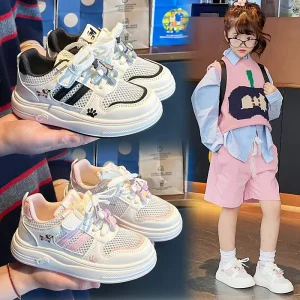 Kids Shoes Summer New Arrival Stylish All Match Mesh Sneakers Girls Casual White Cartoon Pattern Velcro Closure for