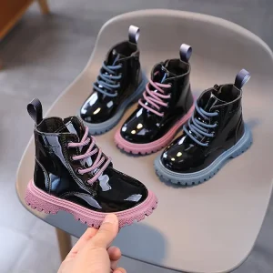 Kids Side Zipper Lace Up Pink Boots Baby Girls Children’s Black Patent Leather Ankle Winter Boots