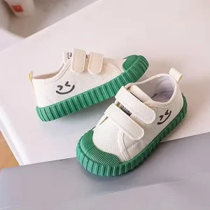 Kids Smiley Face Canvas Sneakers Candy Color Boys Girls Kindergarten Indoor Soft Sole Shoes