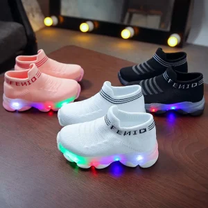 Kids Sneakers Children Casual Mesh Led Socks Shoes Chaussures Pour Enfants Baby Girls Boys 3D Embroidery Anti-Slip Lightweight