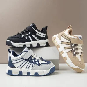 Kids Sneakers Leather Upper Hook and Loop Strap Color Block Design Non Slip Thick Sole Casual Sport Shoes OEM ODM