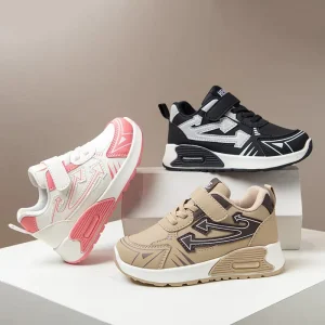 Kids Sneakers Leather Upper Hook and Loop Strap Color Block Design Non Slip Thick Sole Casual Sport Shoes OEM ODM