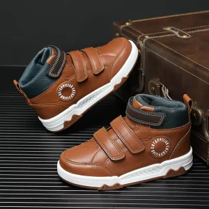 Kids Sneakers Velcro Straps Mid-Calf Flat-Soled Sport Shoes for Children Boys Comfortable Non-Slip Leather Upper Casual Shoes