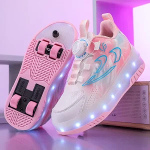 Kids’ Sport Shoes Pink LED Roller Skates with 4 Wheels Light Weight PU Insole for Boys and Girls
