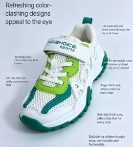 Kids Sport Sneakers with Rubber Outsole Mesh Upper Velcro Closure Strong Grip Anti Slip Design