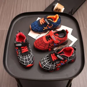 Kids Sports Shoes Boys Breathable Comfortable LED Light Spider Man Children’s Sports Running Shoes