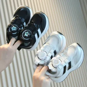 Kids Sports Shoes Spring Autumn Unisex White Sneakers Swivel Buttons Running Shoes Breathable Lightweight Ankle Mesh PVC
