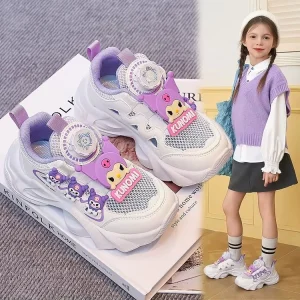 Kids Sports Shoes Summer New Arrival Girls White Microfiber Leather Cartoon Pattern Sneakers Swivel Buttons Children