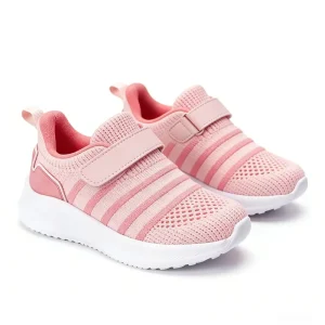 Kids Sports Walking Shoes Fashion Casual Shoes Girls Fly Knit Strips Pattern Breathable Buckle Strap Anti Slip Children