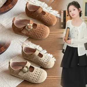Kids Suede Shoes Spring Summer Hollow out Design Soft Sole Casual Flat Dress Shoes for Girls