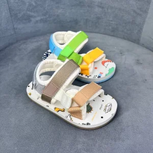 Kids Summer Cartoon Dinosaur Two Strap Beach Sandals with Adjustable Buckle Soft Insole Non Slip Sole Versatile Style