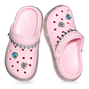 Kids’ Summer Clogs Rhinestone Adorned EVA Material Slip-On Design Heart Gems Chain Decor Cute Flat Casual Footwear for Girls