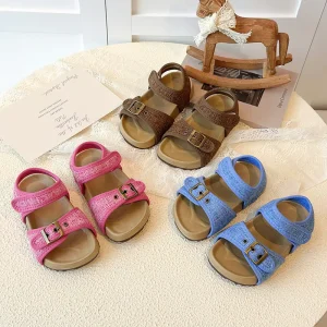 Kids Summer Pink Canvas Sandals Metallic Buckle Design Casual Boys & Girls Beach Shoes Hook and Loop Closure for Easy on Off