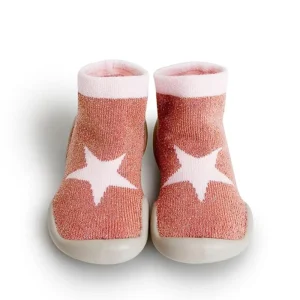 Kids Toddler Comfortable Sock Slipper Rose Color Lurex Sparkle Knitted Shoes Socks with Breathable Rubber Sole