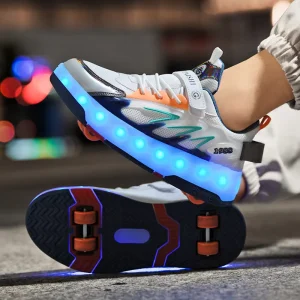 Kids Trendy Four-Wheel Sneakers for Girls Children’s Winter Roller Shoes Invisible Skate Wheels Button Closure TPR for Students