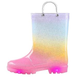 Kids Unisex Waterproof PVC Knee High Anti Slip Lighted Rain Boots with Easy Handle Children Lightweight Outdoor Footwear