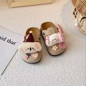Kids Vintage Brown Mules Solid Thick Sole Sandals Slippers Slip On Shoes with Plush Upper Round Toe Rubber Sole Clogs